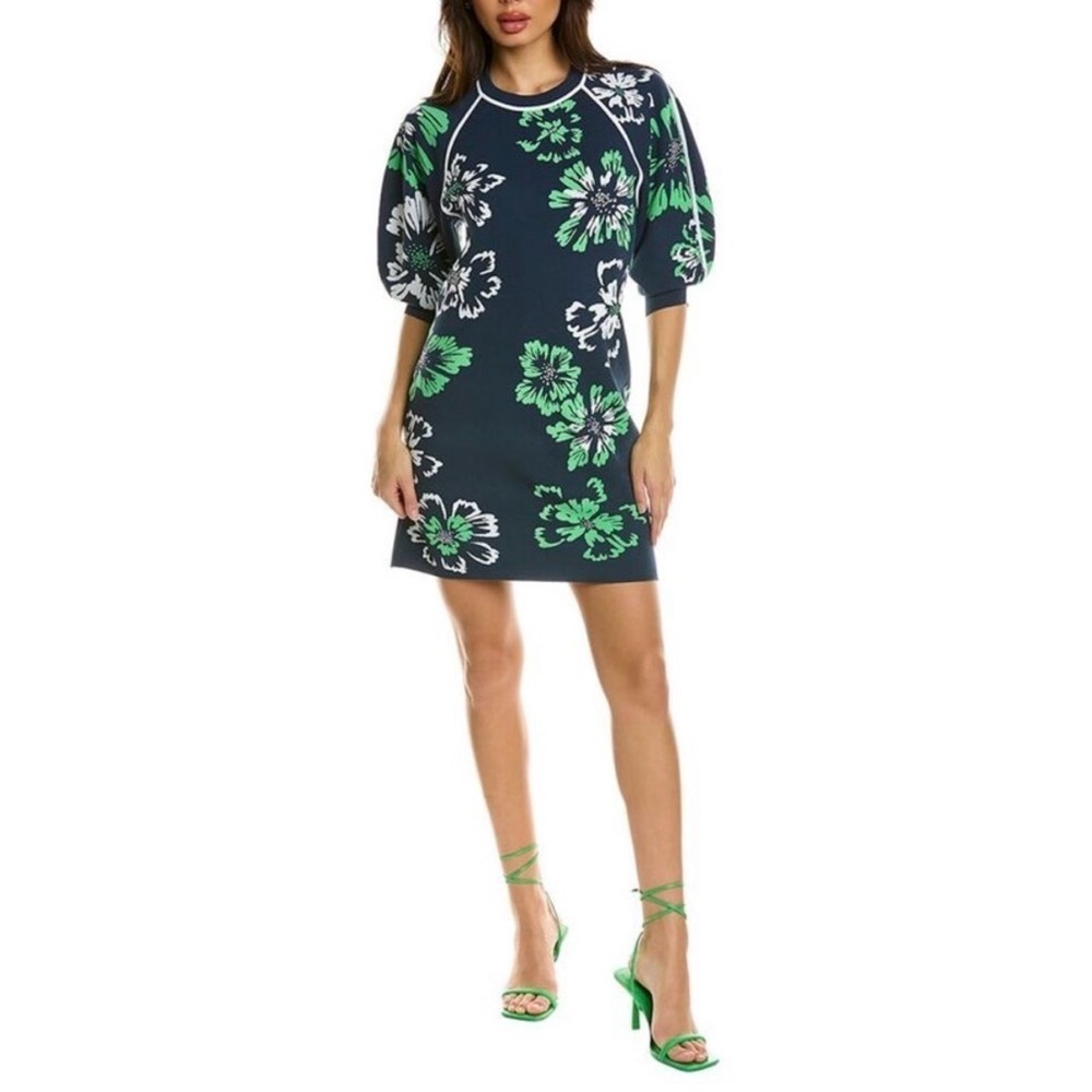 NWT Tanya Taylor Ada Floral Knit Three-Quarter Sleeve Mini Dress Green Blue M